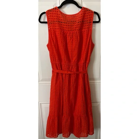 J. Crew All Over Eyelet Sleeveless Button-Down Belted Dress in Red. - Picture 3 of 9